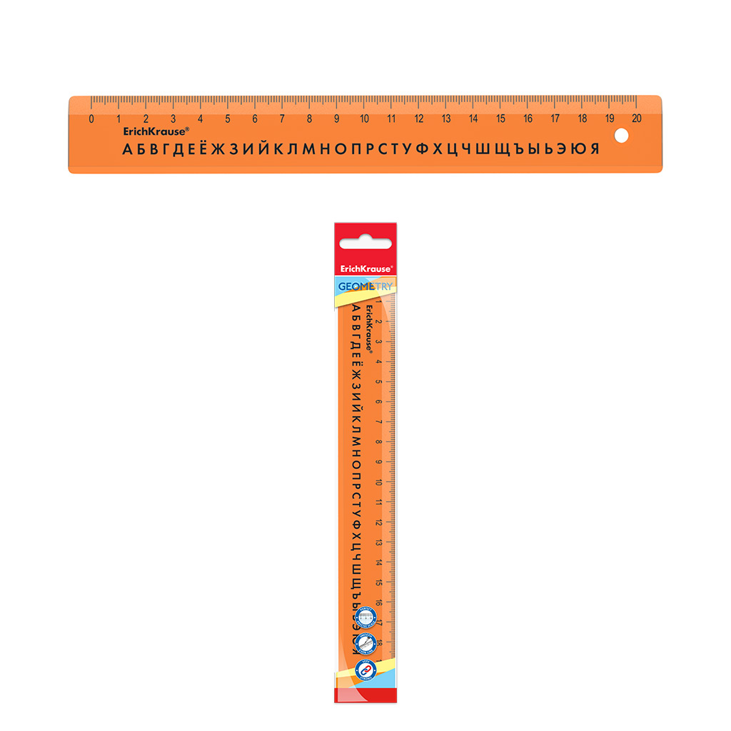 Линейка с русским алфавитом пластиковая ErichKrause Neon, 20см, оранжевая, во флоупаке