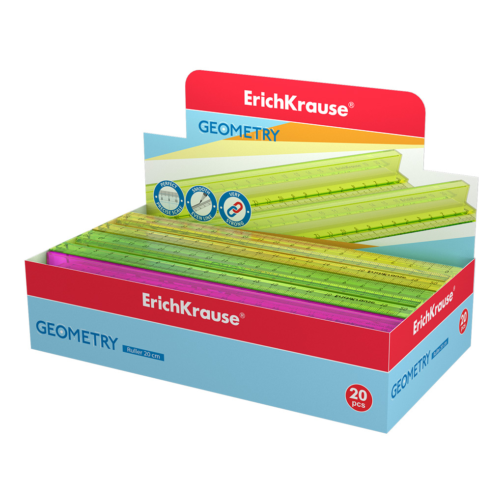 Линейка с держателем пластиковая ErichKrause Neon, 20см, ассорти (в коробке-дисплее по 20 шт)