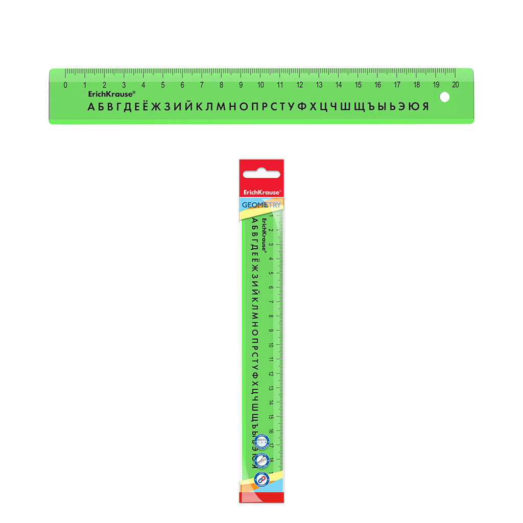 Линейка с русским алфавитом пластиковая ErichKrause Neon, 20см, зеленая, во флоупаке