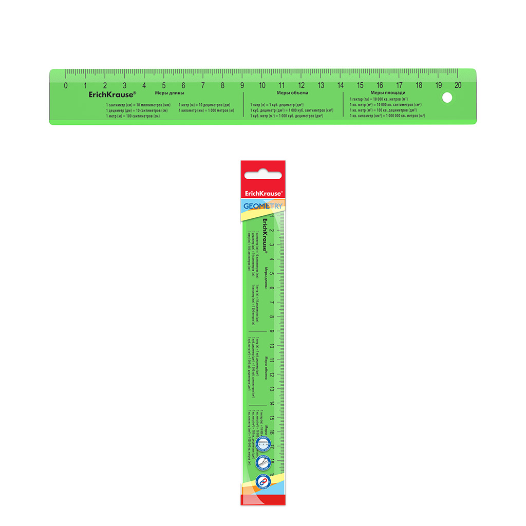Линейка с единицами измерения пластиковая ErichKrause Neon, 20см, зеленая, во флоупаке