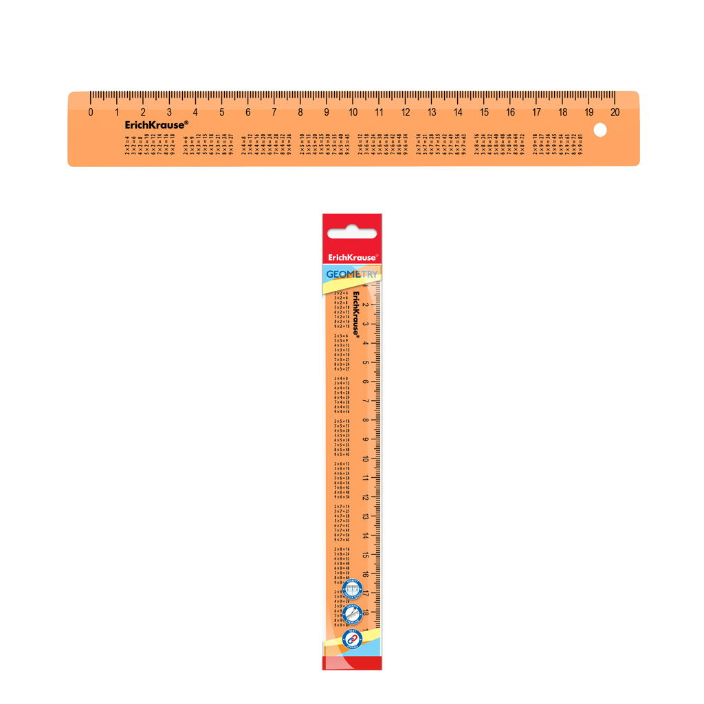Линейка с таблицей умножения пластиковая ErichKrause Neon, 20см, оранжевая, во флоупаке