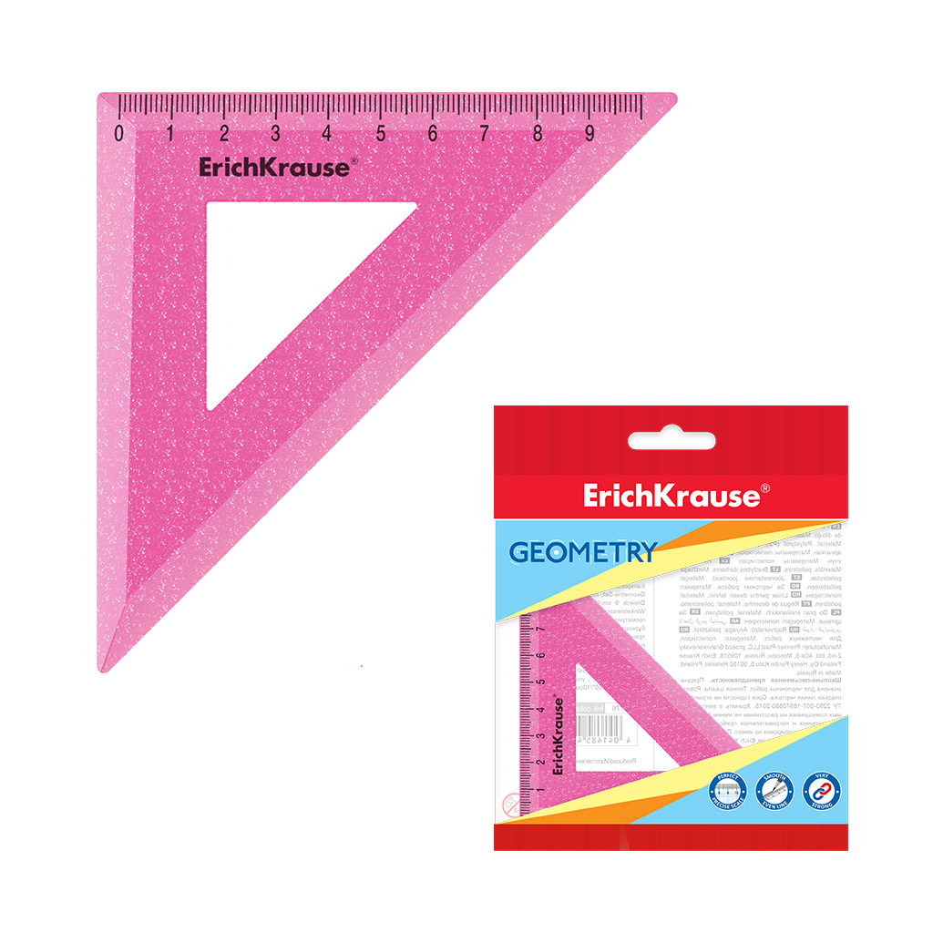Угольник пластиковый ErichKrause Glitter, 45°/9см, розовый, во флоупаке
