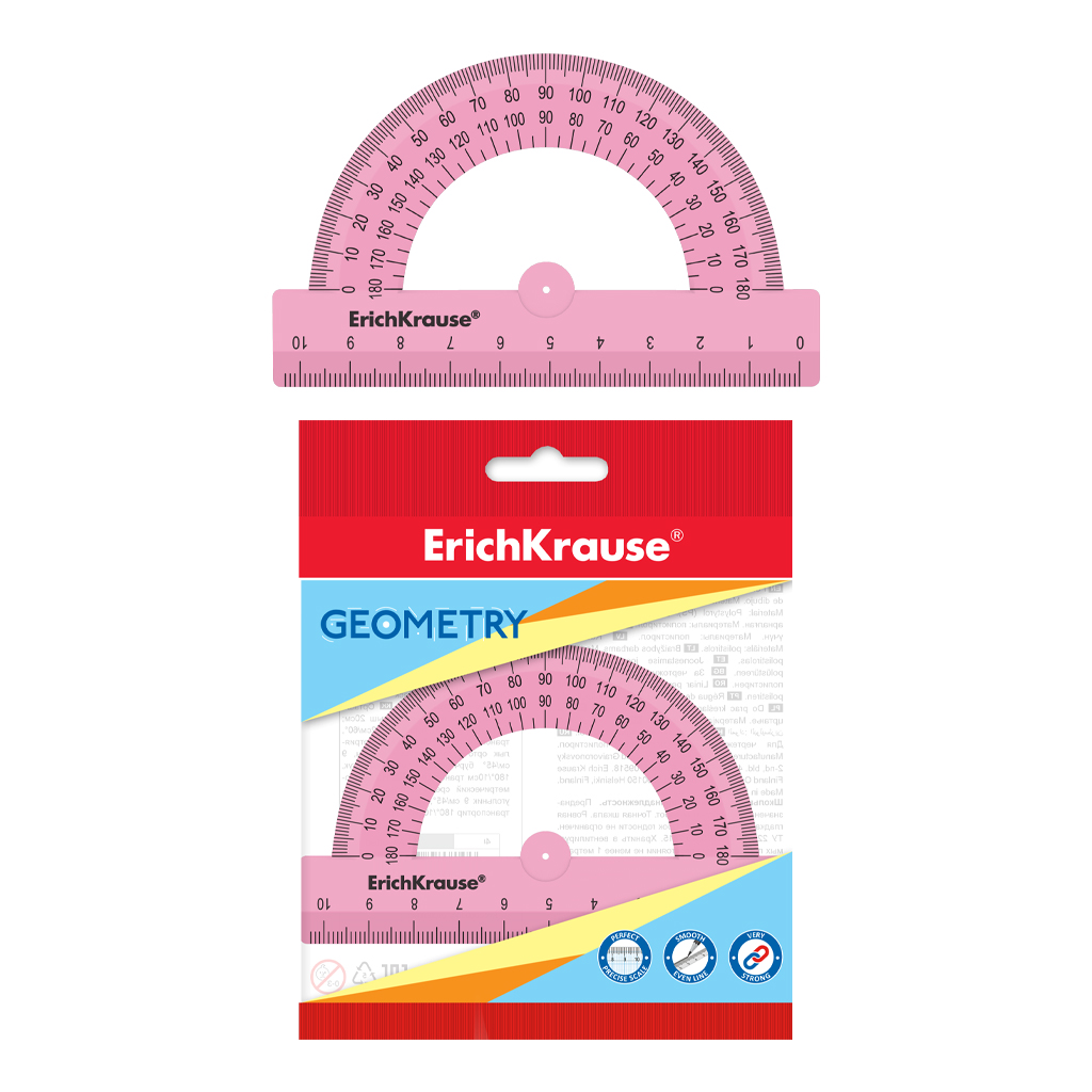 Транспортир пластиковый ErichKrause Pastel, 180°/10см, розовый, во флоупаке