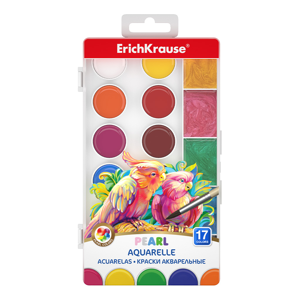 Краски акварельные ErichKrause Pearl 17 цветов с увеличенными кюветами (в пластиковой коробке с европодвесом)