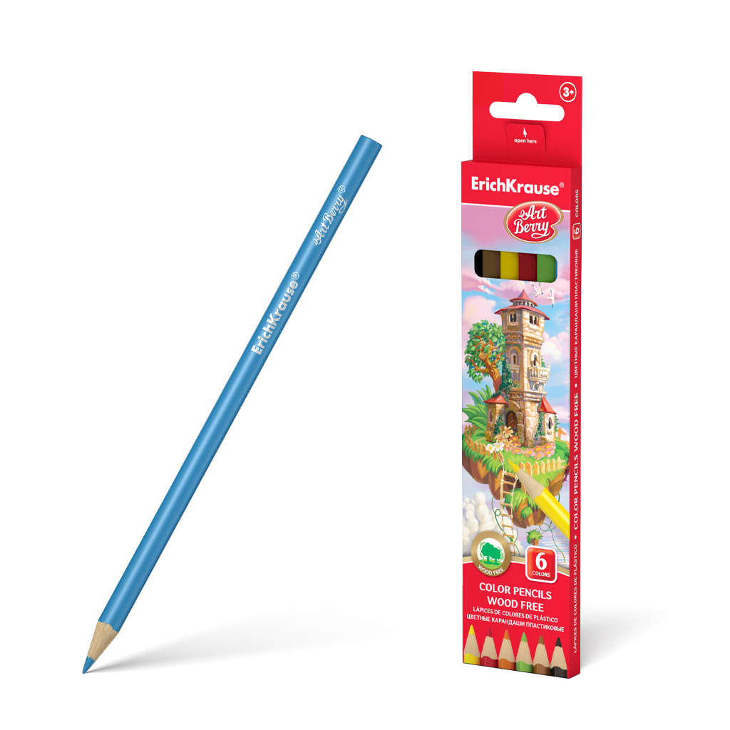 Цветные карандаши пластиковые ArtBerry® трехгранные, грифель 3 мм, 6 цветов (в коробке с европодвесом 6 шт)