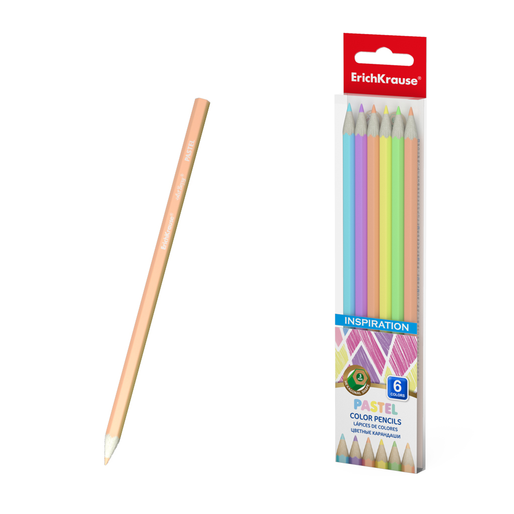 Цветные карандаши деревянные ErichKrause Inspiration Pastel шестигранные, грифель 3 мм, 6 цветов (в ПЭТ-боксе 6 шт)