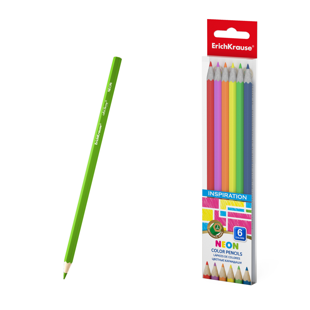 Цветные карандаши деревянные ErichKrause Inspiration Neon шестигранные, грифель 3 мм, 6 цветов (в ПЭТ-боксе 6 шт)