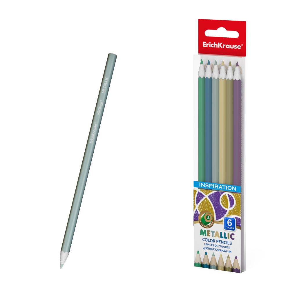 Цветные карандаши деревянные ErichKrause Inspiration Metallic шестигранные, грифель 3 мм, 6 цветов (в ПЭТ-боксе 6 шт)