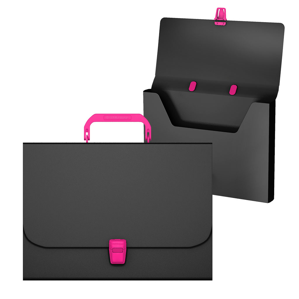 Портфель пластиковый ErichKrause® Matt Accent, A4, черный с розовой ручкой и замком   (в пакете по  1шт.)
