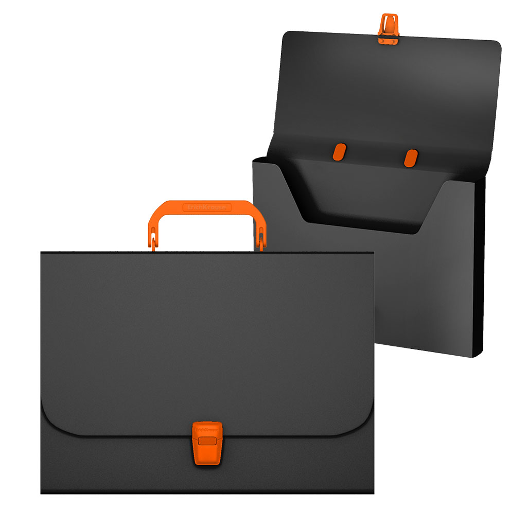 Портфель пластиковый ErichKrause® Matt Accent, A4, черный с оранжевой ручкой и замком   (в пакете по  1шт.)