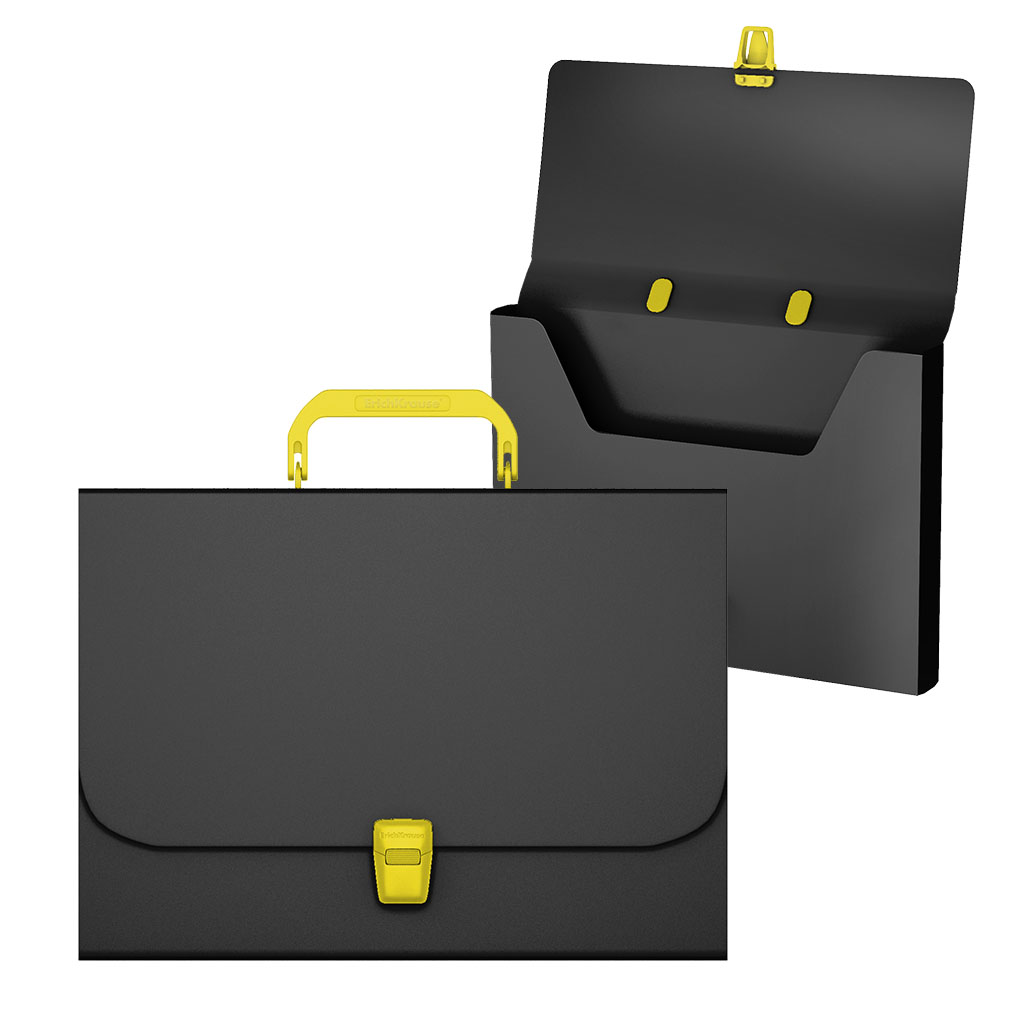 Портфель пластиковый ErichKrause® Matt Accent, A4, черный с желтой ручкой и замком   (в пакете по  1шт.)