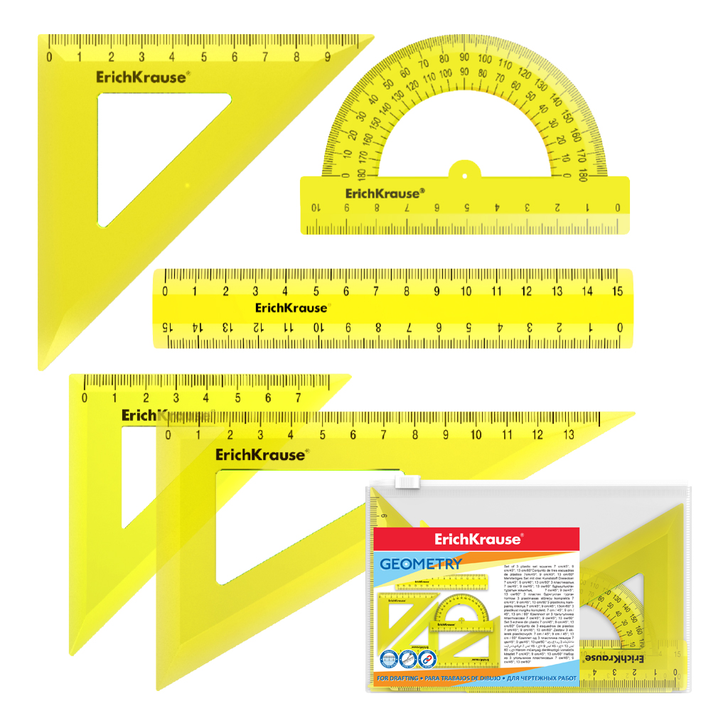 Набор геометрический малый пластиковый ErichKrause Neon, (линейка, 3 угольника, транспортир), желтый (в пакете по 20 шт)