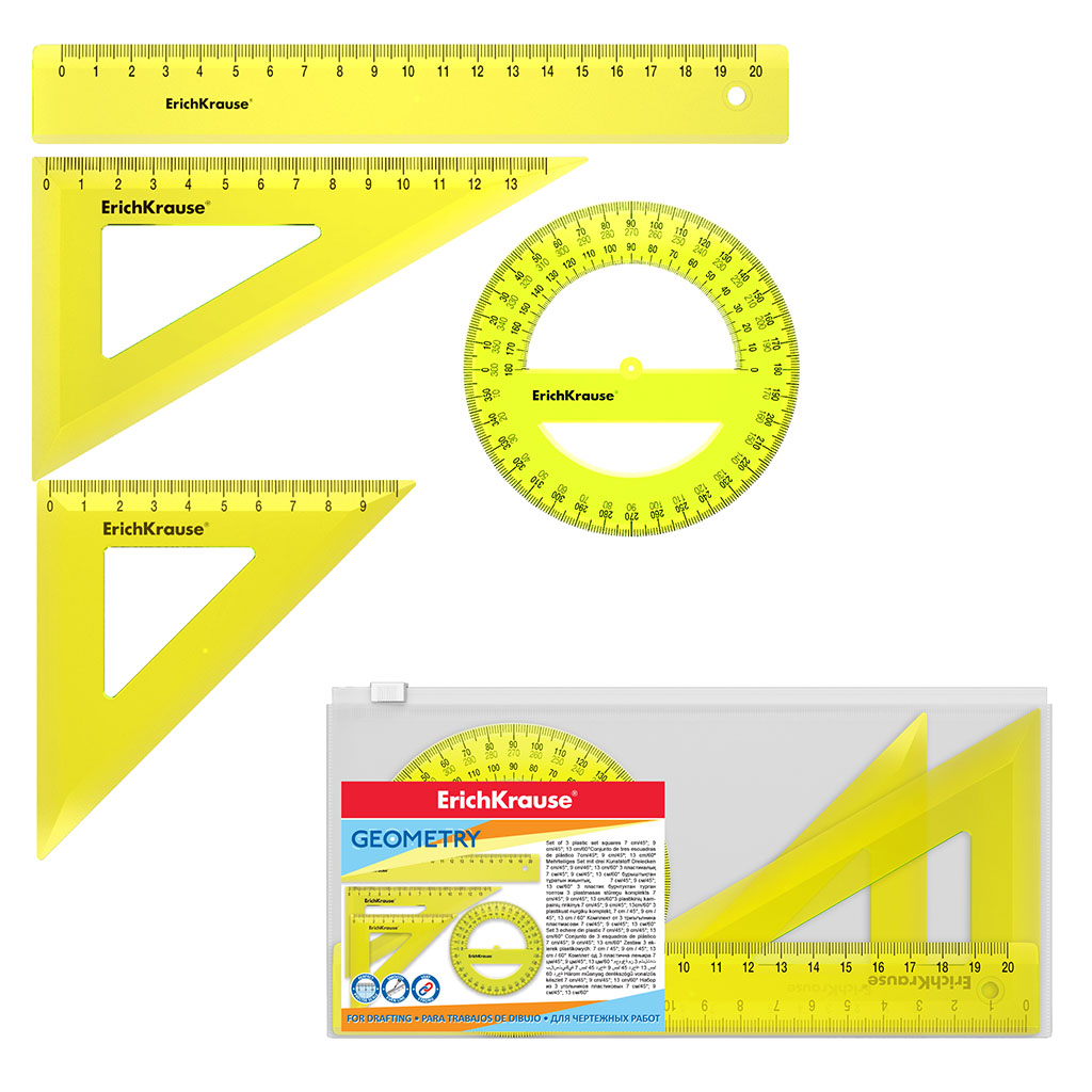 Набор геометрический средний пластиковый ErichKrause Neon, (линейка, 2 угольника, транспортир), желтый (в пакете по 20 шт)