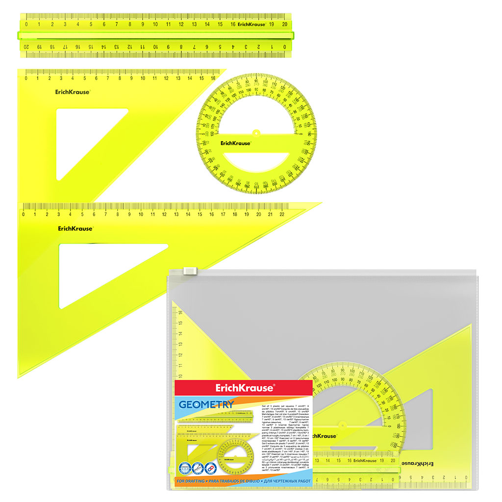 Набор геометрический большой пластиковый ErichKrause Neon, (линейка с держателем, 2 угольника, транспортир), желтый, в zip-пакете