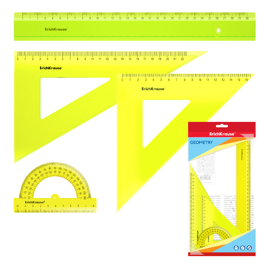 Набор геометрический большой пластиковый ErichKrause Neon, (линейка, 2 угольника, транспортир), желтый (в пакете по 20 шт)