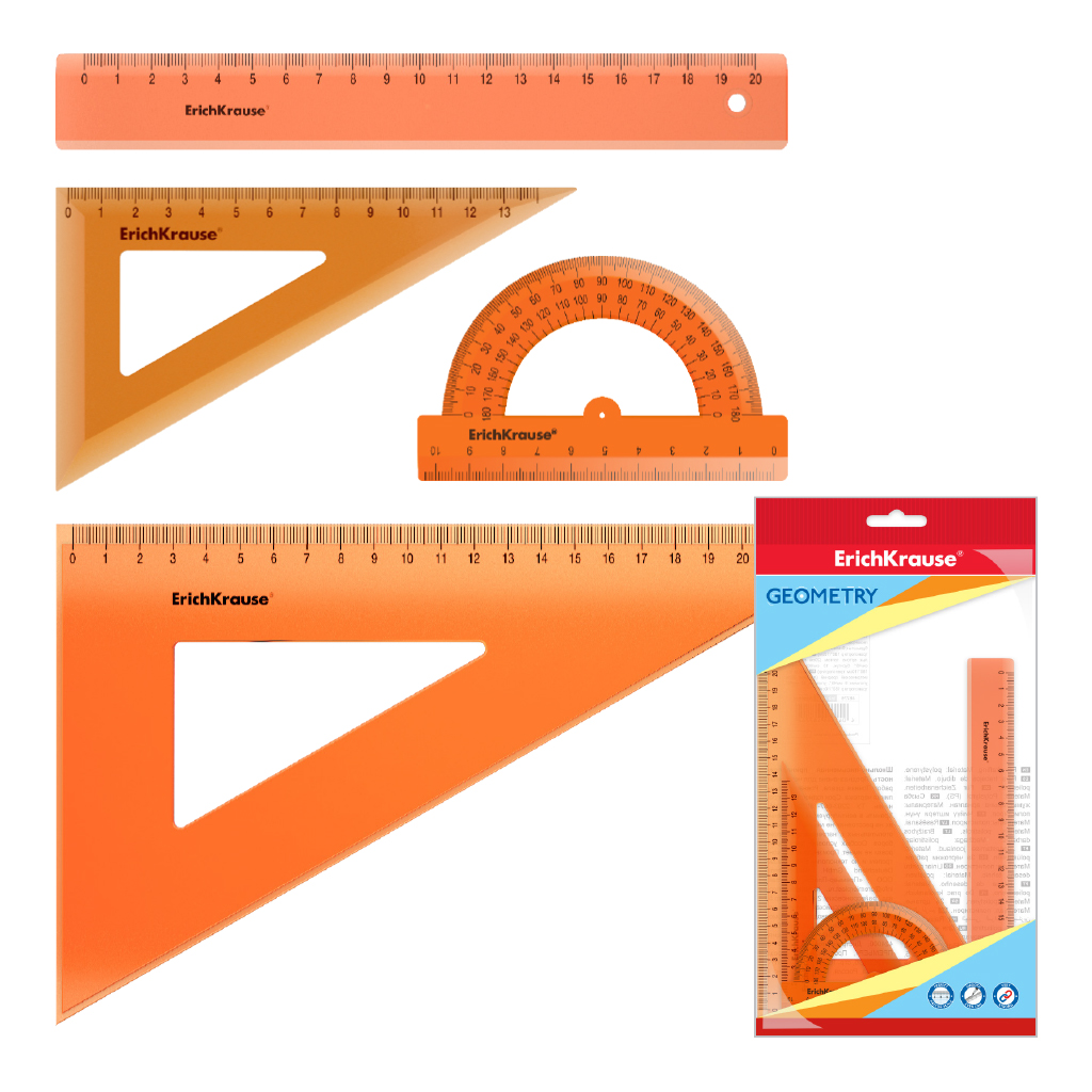 Набор геометрический средний пластиковый ErichKrause Neon, (линейка, 2 угольника, транспортир), оранжевый (в пакете по 20 шт)