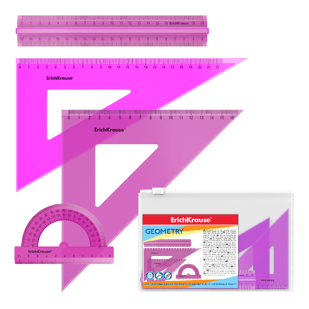 Набор геометрический большой пластиковый ErichKrause Neon, (линейка с держателем, 2 угольника, транспортир), розовый, в zip-пакете