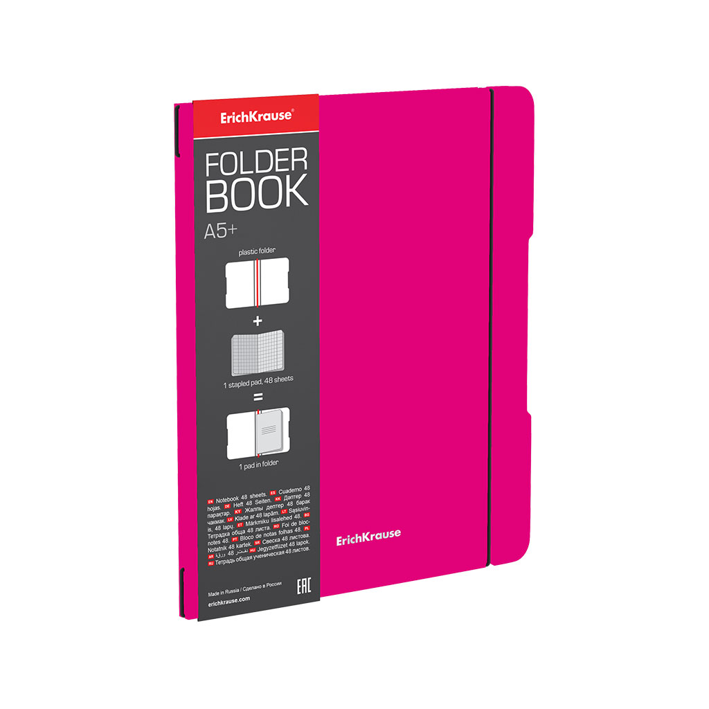 Тетрадь общая ученическая в съемной пластиковой обложке ErichKrause FolderBook Neon, розовый, А5+, 48 листов, клетка