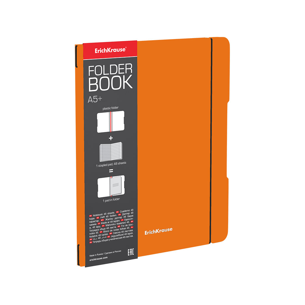 Тетрадь общая ученическая в съемной пластиковой обложке ErichKrause FolderBook Neon, оранжевый, А5+, 48 листов, клетка