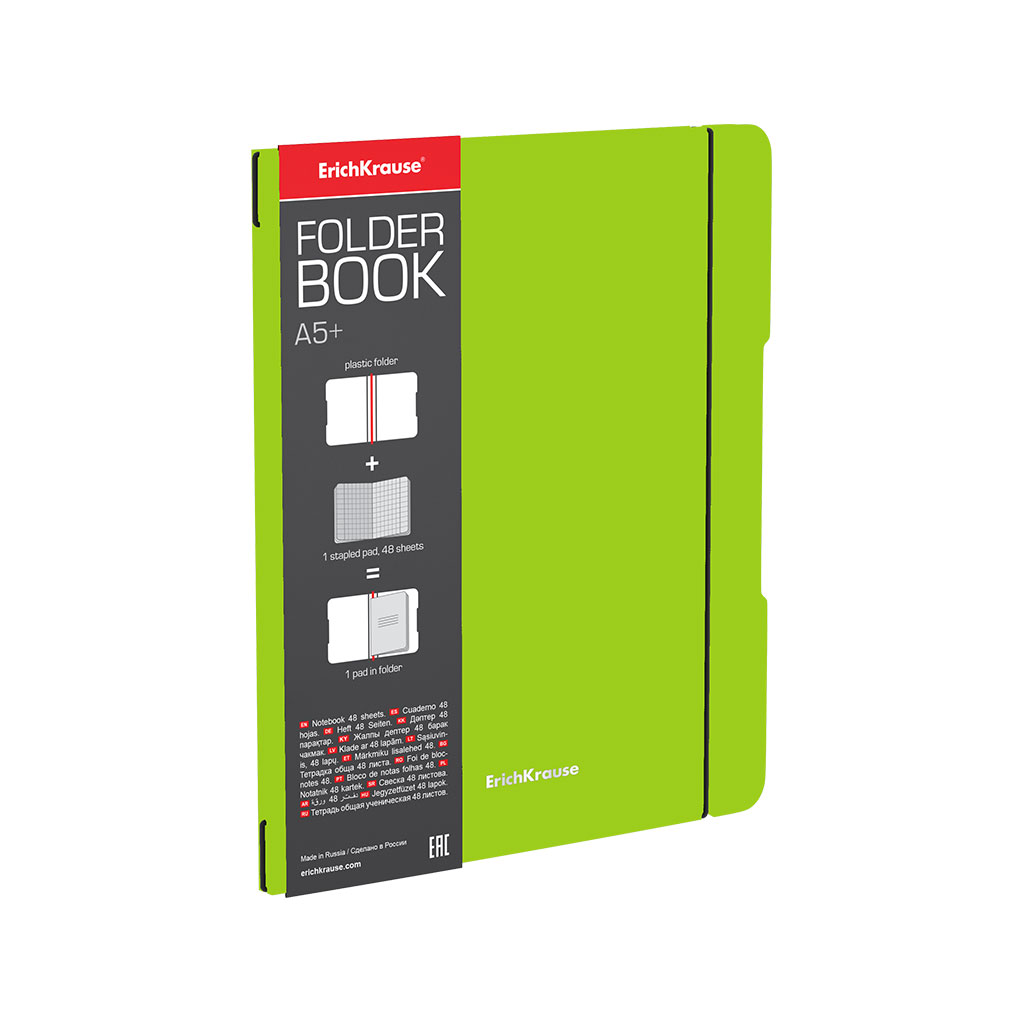 Тетрадь общая ученическая в съемной пластиковой обложке ErichKrause FolderBook Neon, зеленый, А5+, 48 листов, клетка