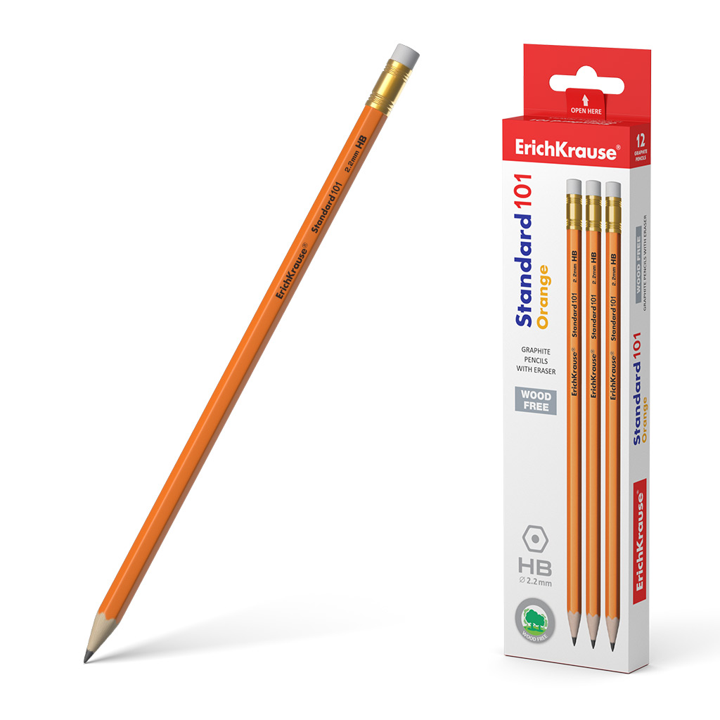 Чернографитный карандаш пластиковый ErichKrause Standard 101 Orange, шестигранный, с ластиком, HB (в коробке по 12 шт.)