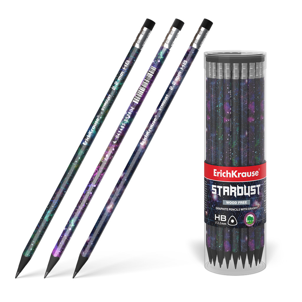 Пластиковый чернографитный трехгранный карандаш с ластиком ErichKrause® StarDust HB (в тубусе по 42 шт.)