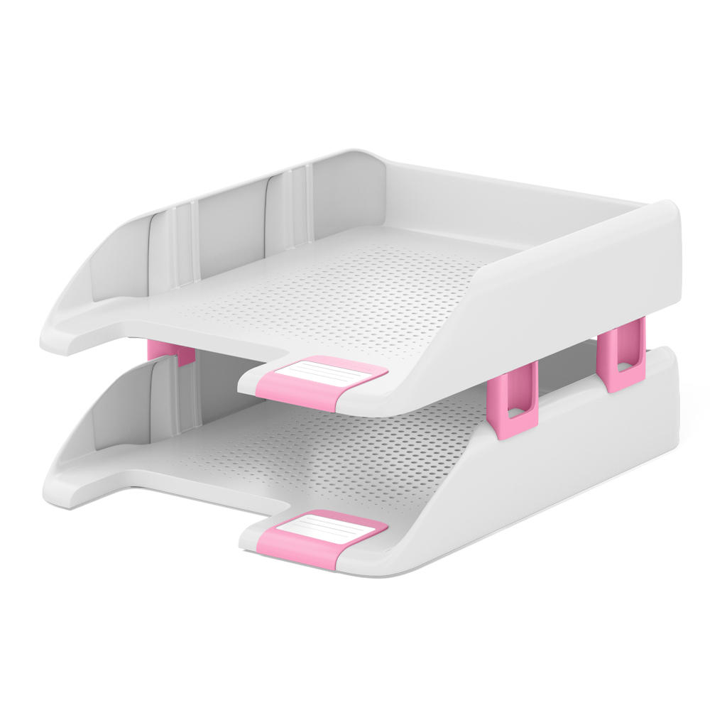 Набор из 2 пластиковых лотков для бумаг с боковыми креплениями ErichKrause® Forte, Pastel, белый с розовой вставкой