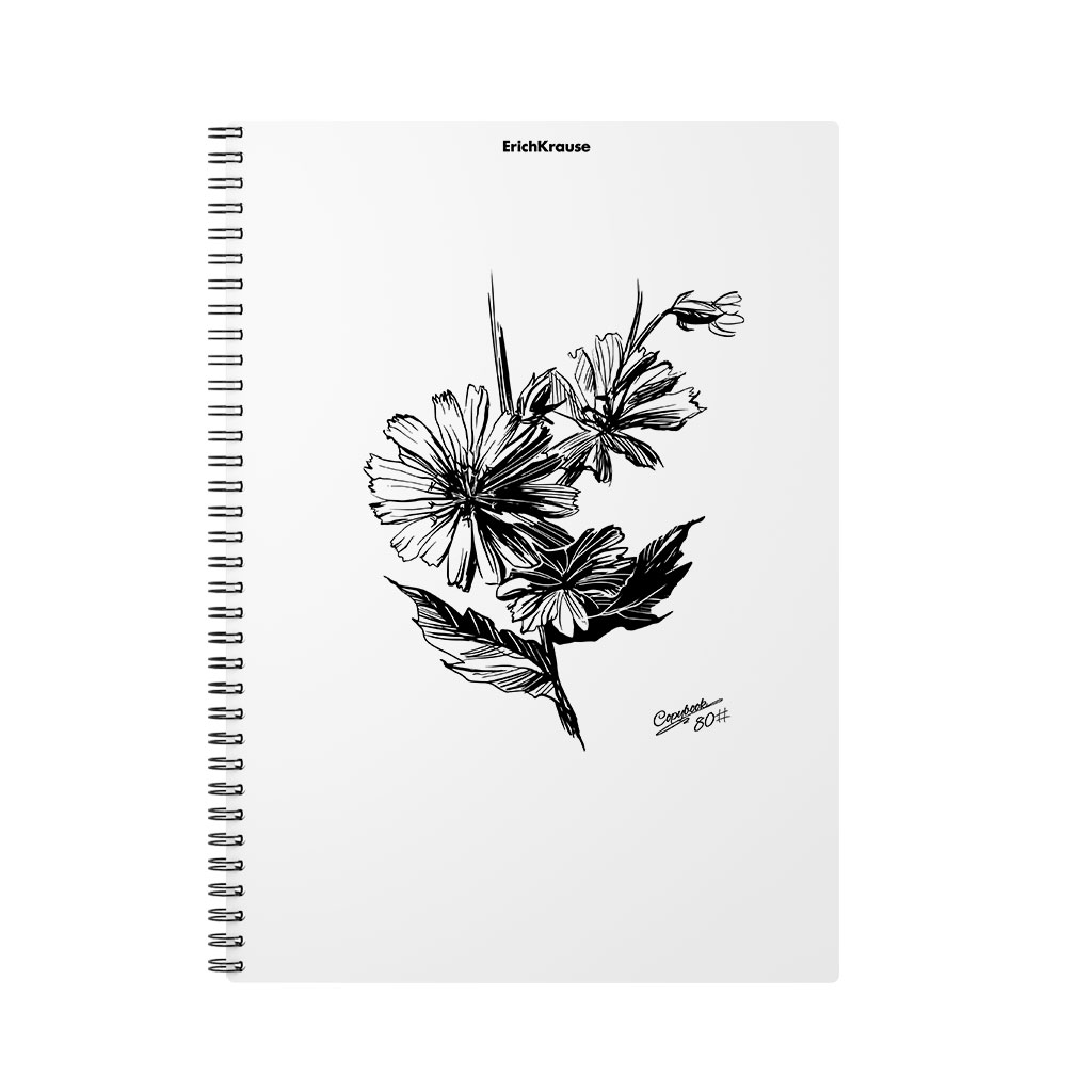 Тетрадь общая с пластиковой обложкой на спирали ErichKrause Blossom, Black and White, А4, 80 листов, клетка