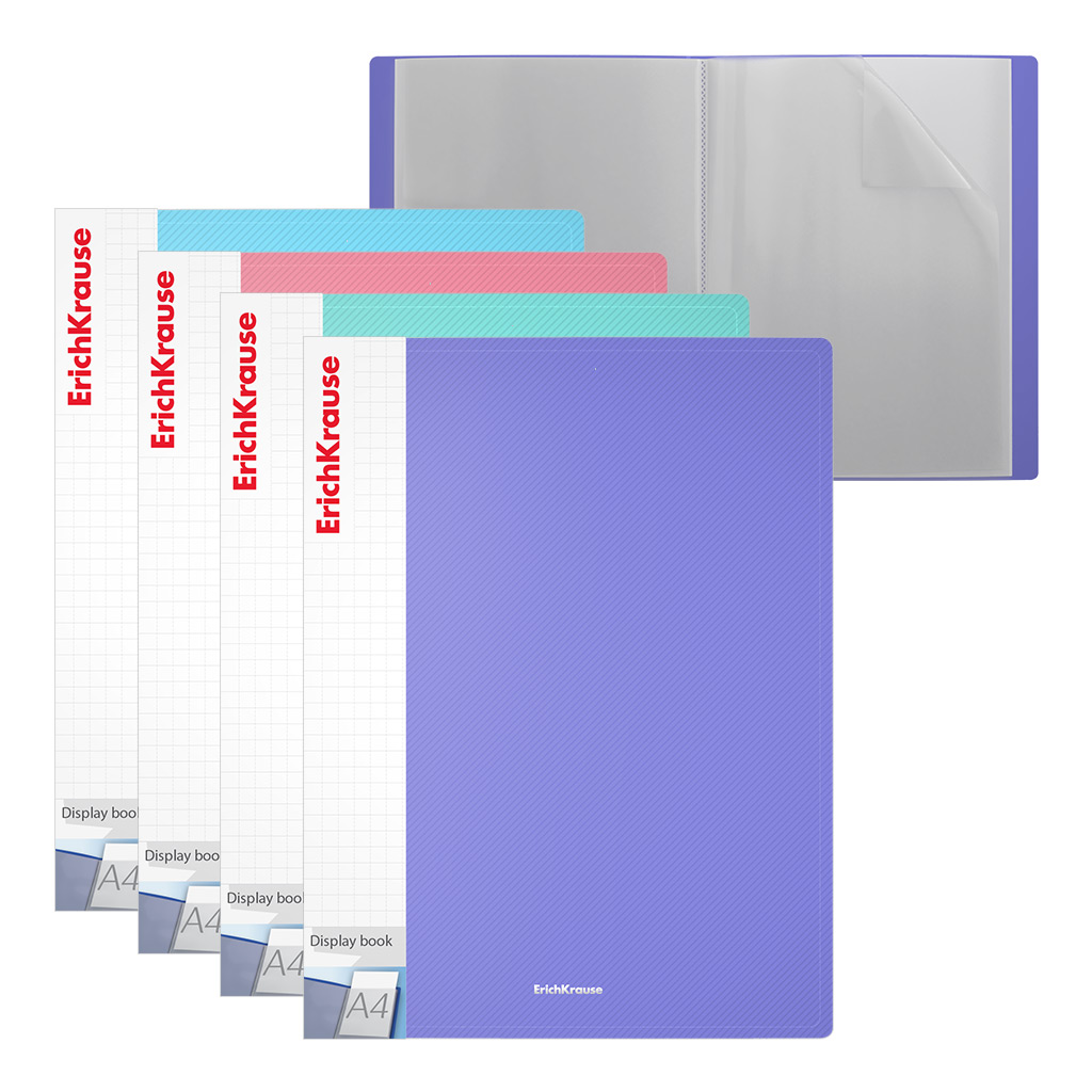 Папка файловая пластиковая с карманом на корешке ErichKrause Diagonal Pastel, c 30 карманами, A4, ассорти (в пакете по 4 шт.)