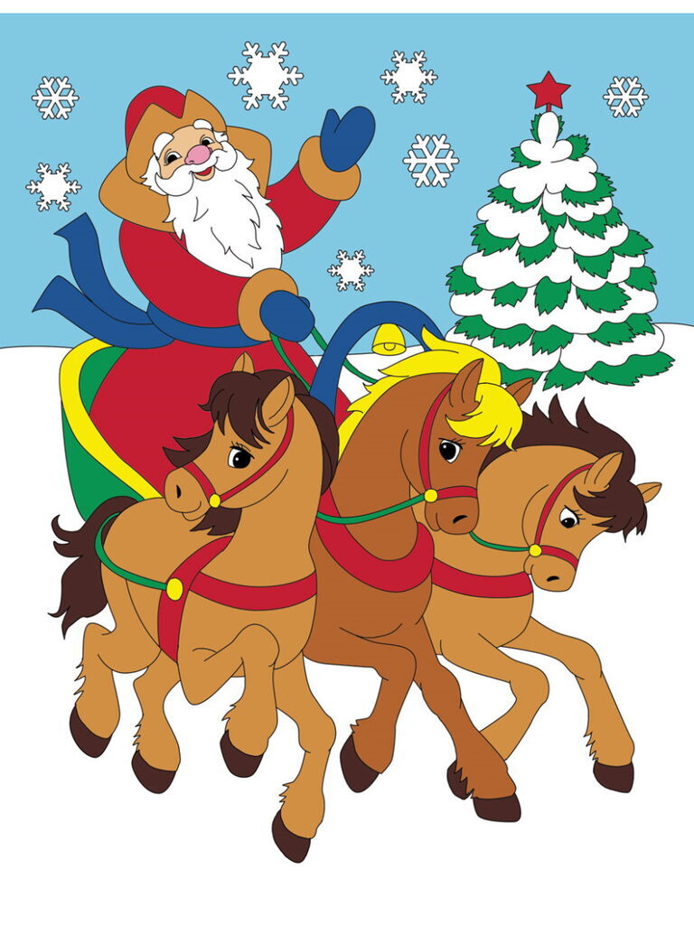 Живопись по номерам с акрилом 20*25см "Дед Мороз и тройка лошадей"