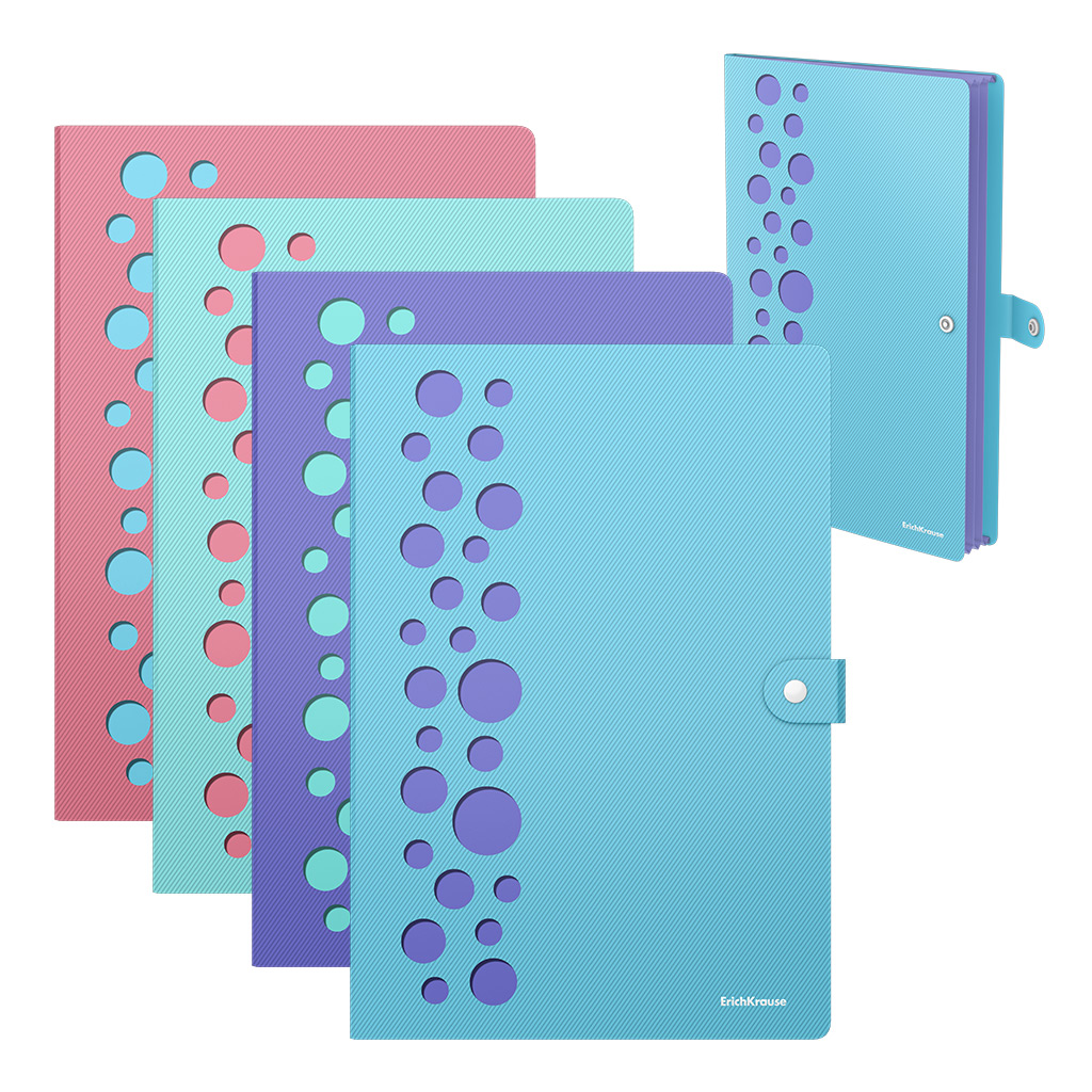 Папка-картотека на кнопке пластиковая ErichKrause Diagonal Pastel, с 4 отделениями, с перфорацией, A4, ассорти (в пакете по 4 шт.)