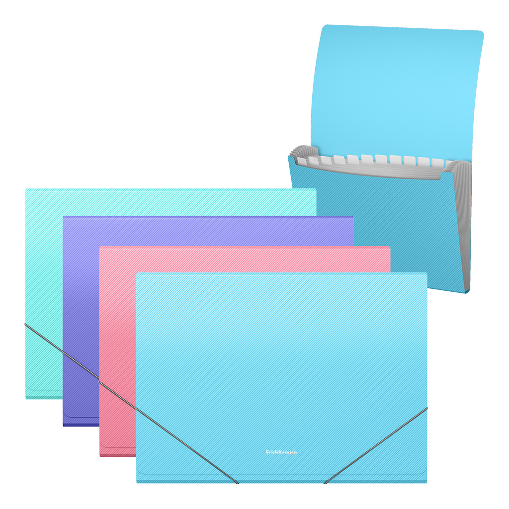 Папка-картотека пластиковая ErichKrause Diagonal Pastel, с 13 отделениями, A4, ассорти (в пакете по 4 шт.)