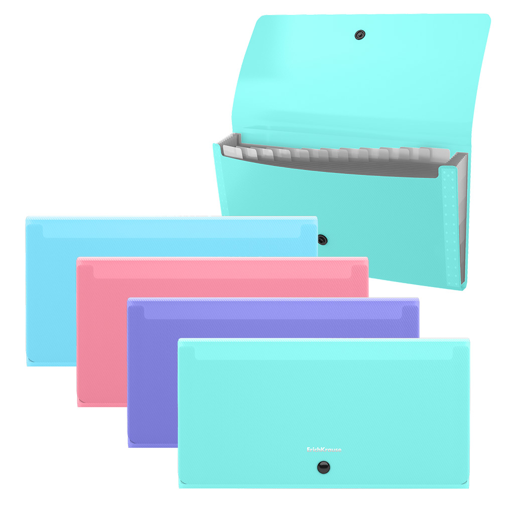 Папка-картотека пластиковая ErichKrause Diagonal Pastel, с 13 отделениями, Check size, ассорти (в пакете по 4 шт.)