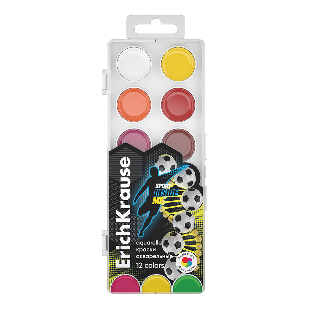 Краски акварельные ErichKrause Sport DNA 12 цветов (в пластиковой коробке с европодвесом)