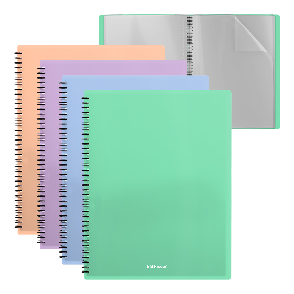 Папка файловая пластиковая на спирали ErichKrause Matt Pastel Bloom, с 40 прозрачными карманами, A4, ассорти (в пакете по 4 шт.)
