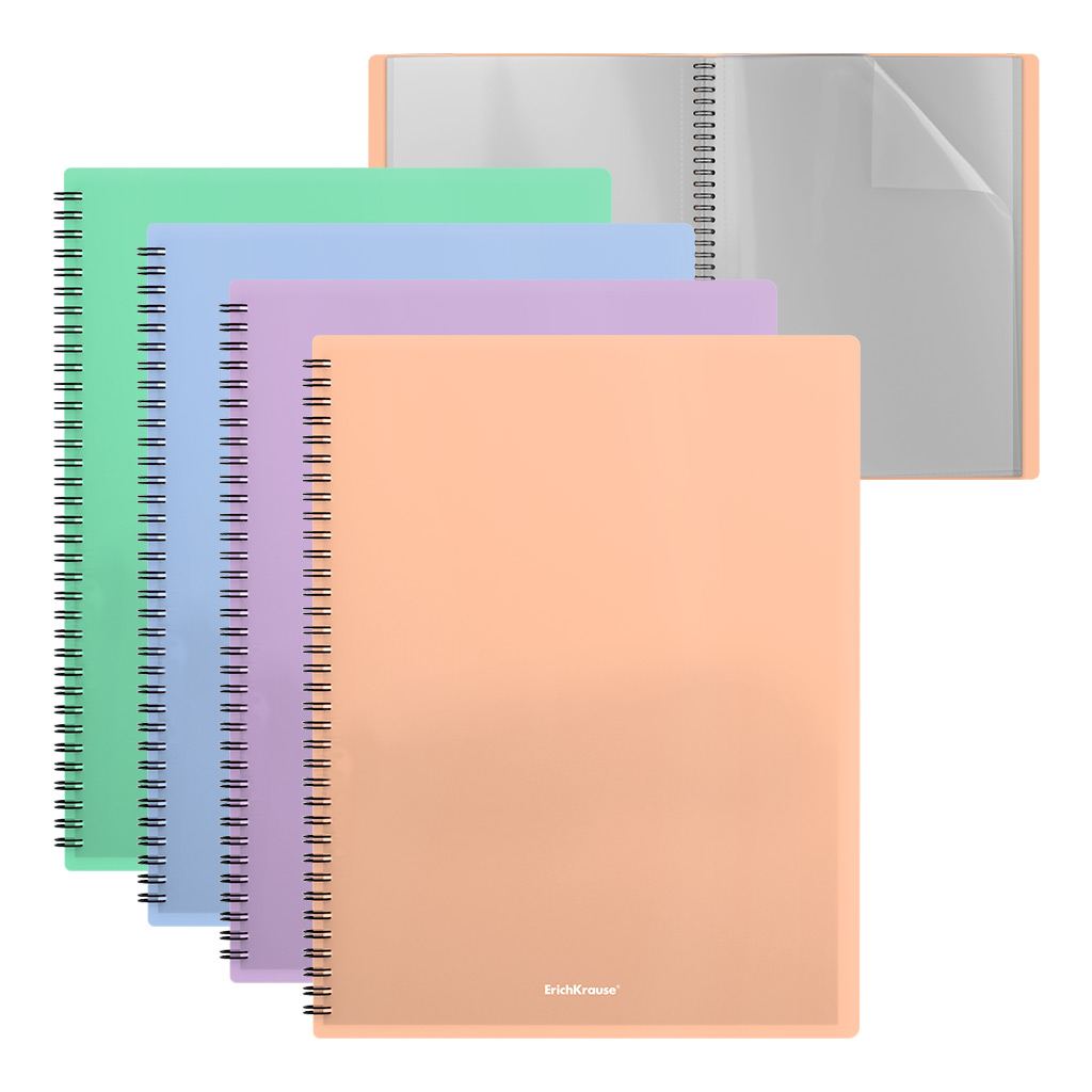Папка файловая пластиковая на спирали ErichKrause Matt Pastel Bloom, с 20 прозрачными карманами, A4, ассорти (в пакете по 4 шт.)