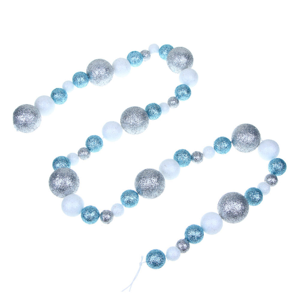 Бусы декоративные  1,2м, с шарами разных диаметров, белый/серебро/голубой
