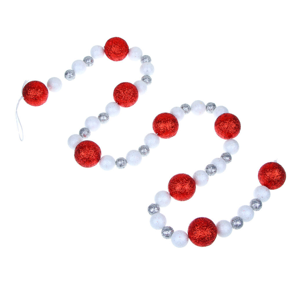 Бусы декоративные  1,2м, с шарами разных диаметров, белый/серебро/красный