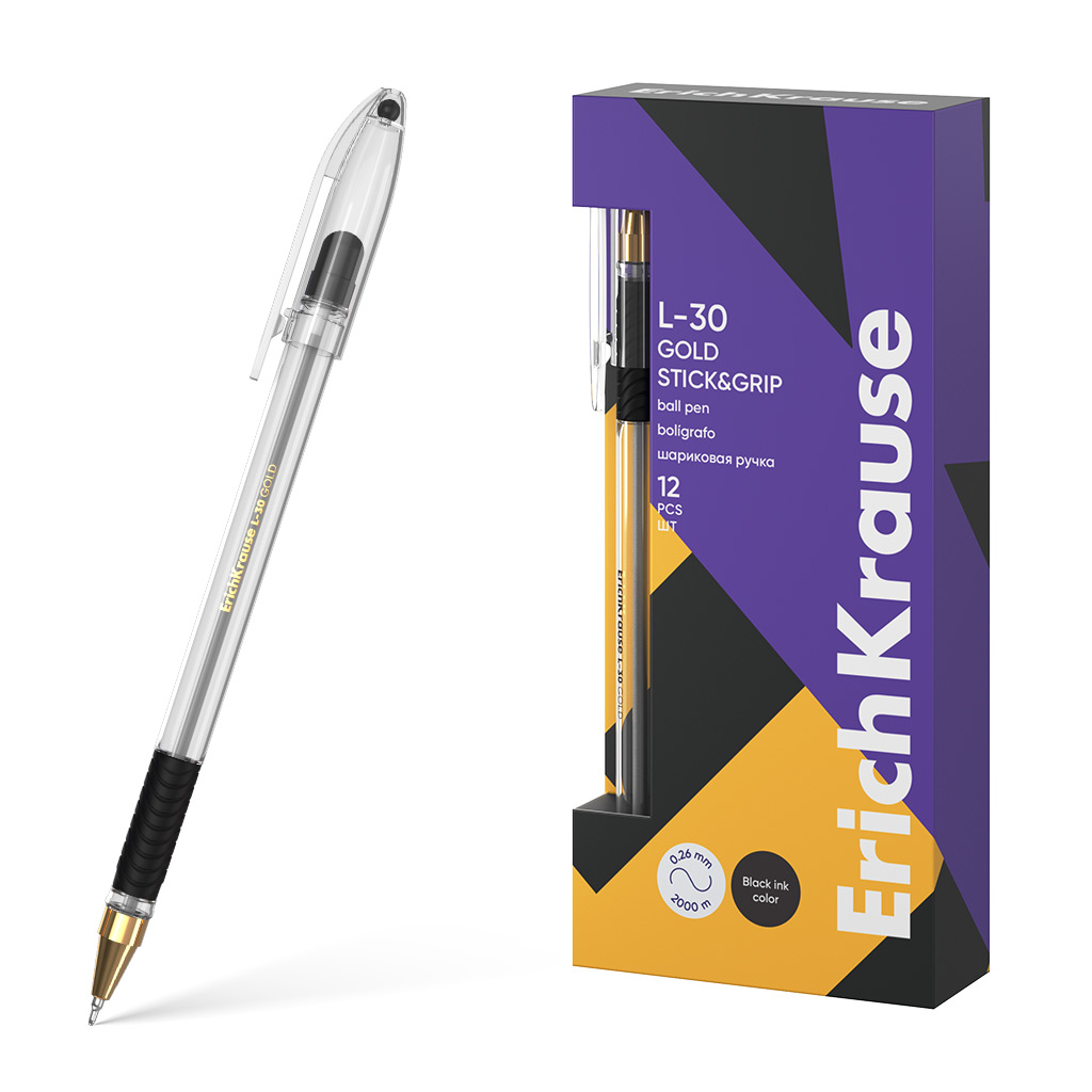 Ручка шариковая ErichKrause L-30 Gold Stick&Grip Classic 0.7, Super Glide Technology, цвет чернил черный (в коробке по 12 шт.)