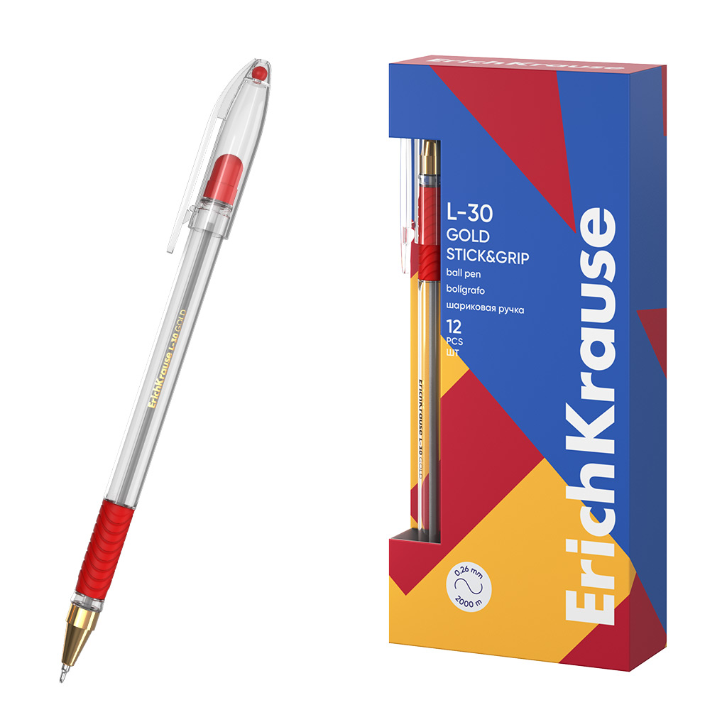 Ручка шариковая ErichKrause L-30 Gold Stick&Grip Classic 0.7, Super Glide Technology, цвет чернил красный (в коробке по 12 шт.)