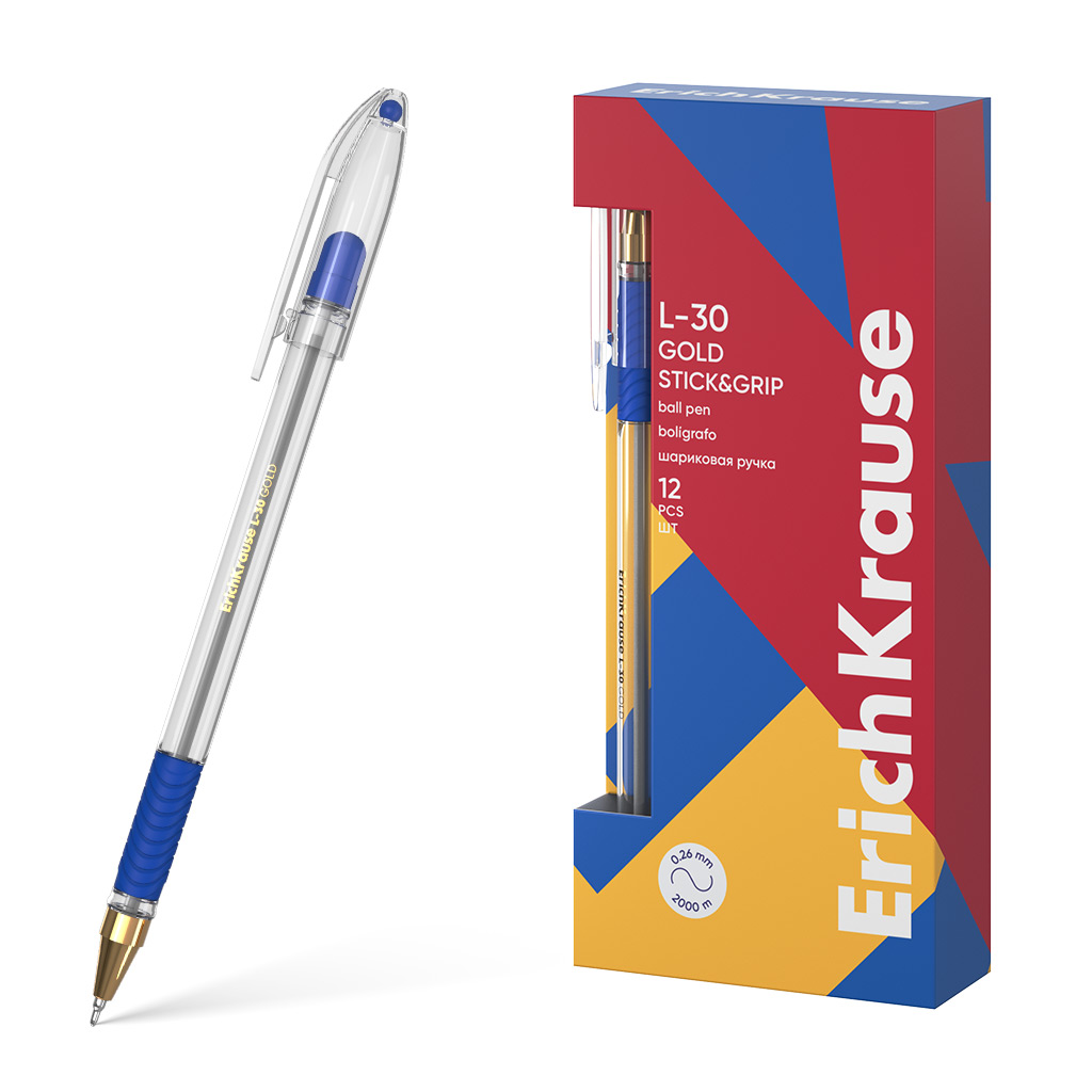Ручка шариковая ErichKrause L-30 Gold Stick&Grip Classic 0.7, Super Glide Technology, цвет чернил синий (в коробке по 12 шт.)