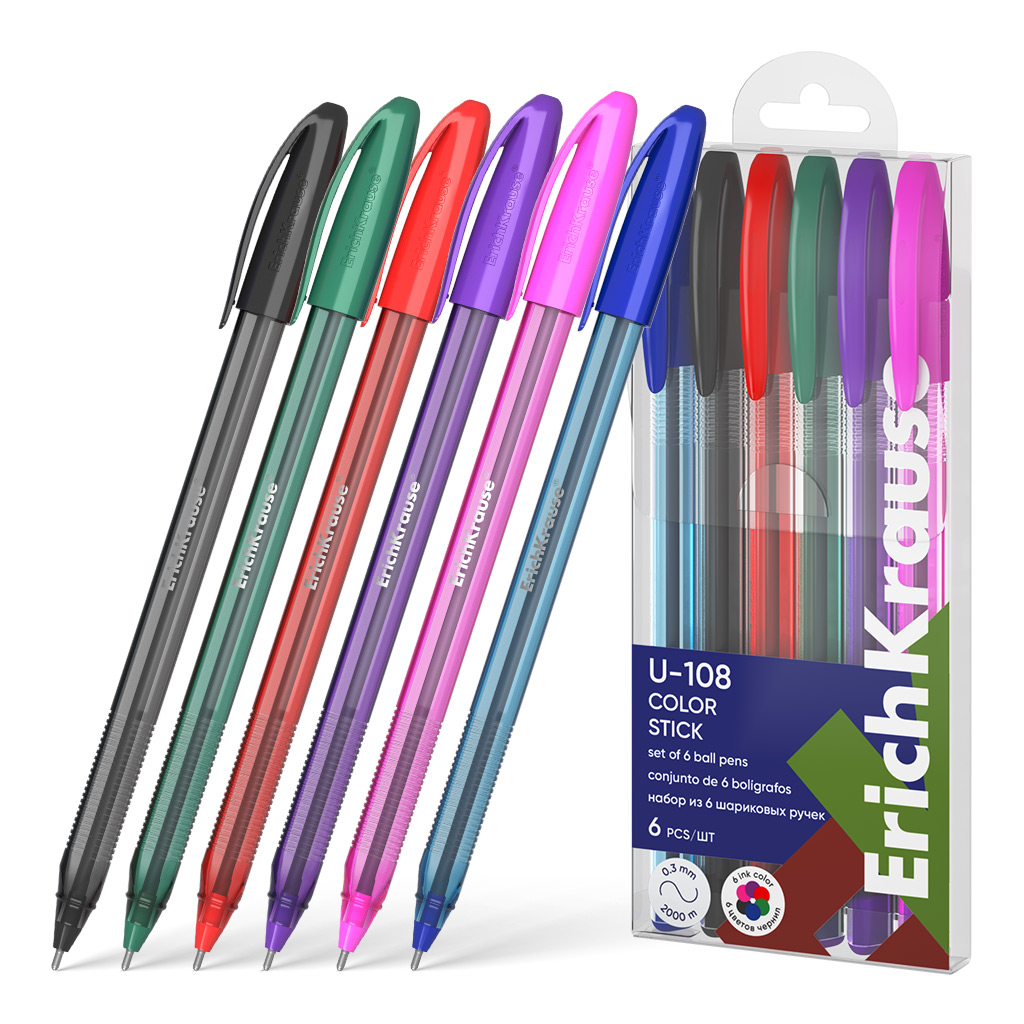 Набор из 6 ручек шариковых ErichKrause U-108 Stick Color 1.0, Ultra Glide Technology, цвет чернил ассорти (в пэт-боксе)