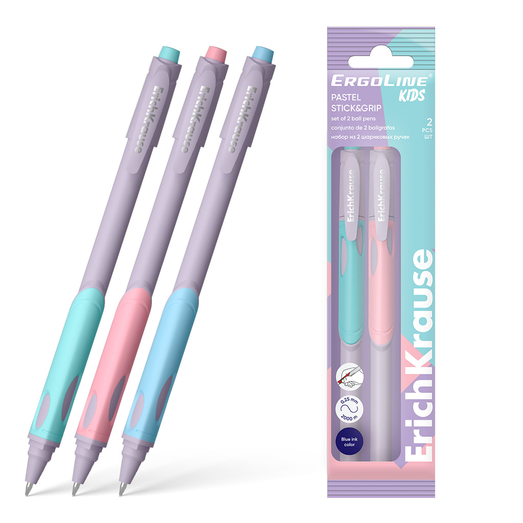 Набор из 2 шариковых ручек ErichKrause ErgoLine® Kids Stick&Grip Pastel 0.5, Super Glide Technology, цвет  чернил синий (в пакете)