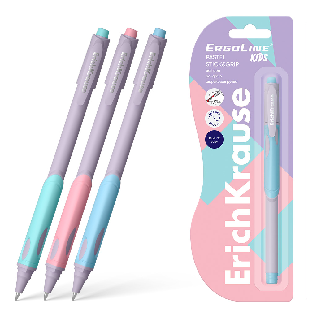 Ручка шариковая ErichKrause ErgoLine® Kids Stick&Grip Pastel 0.5, Super Glide Technology, цвет  чернил синий (в блистере по 1 шт.)