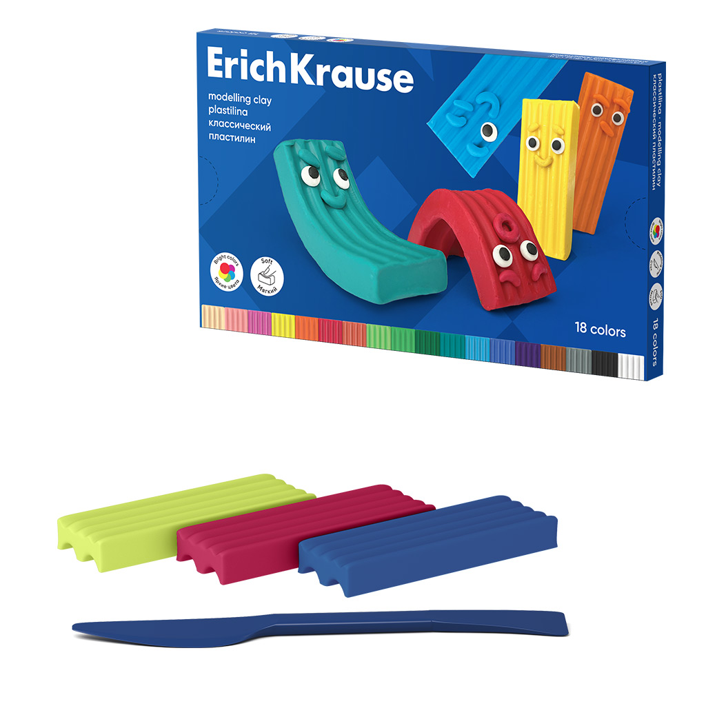 Пластилин классический ErichKrause Color Friends 18 цветов со стеком, 270 г (в коробке 18 шт)