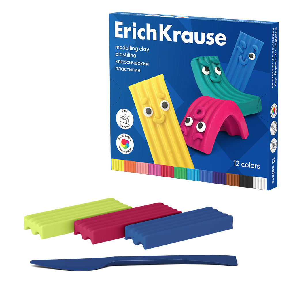 Пластилин классический ErichKrause Color Friends 12 цветов со стеком, 180 г (в коробке 12 шт)