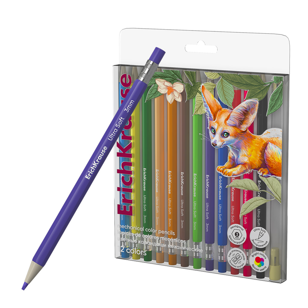 Цветные карандаши механические ErichKrause Safari шестигранные, грифель 3 мм, 12 цветов с точилкой (в ПЭТ-боксе 12 шт)