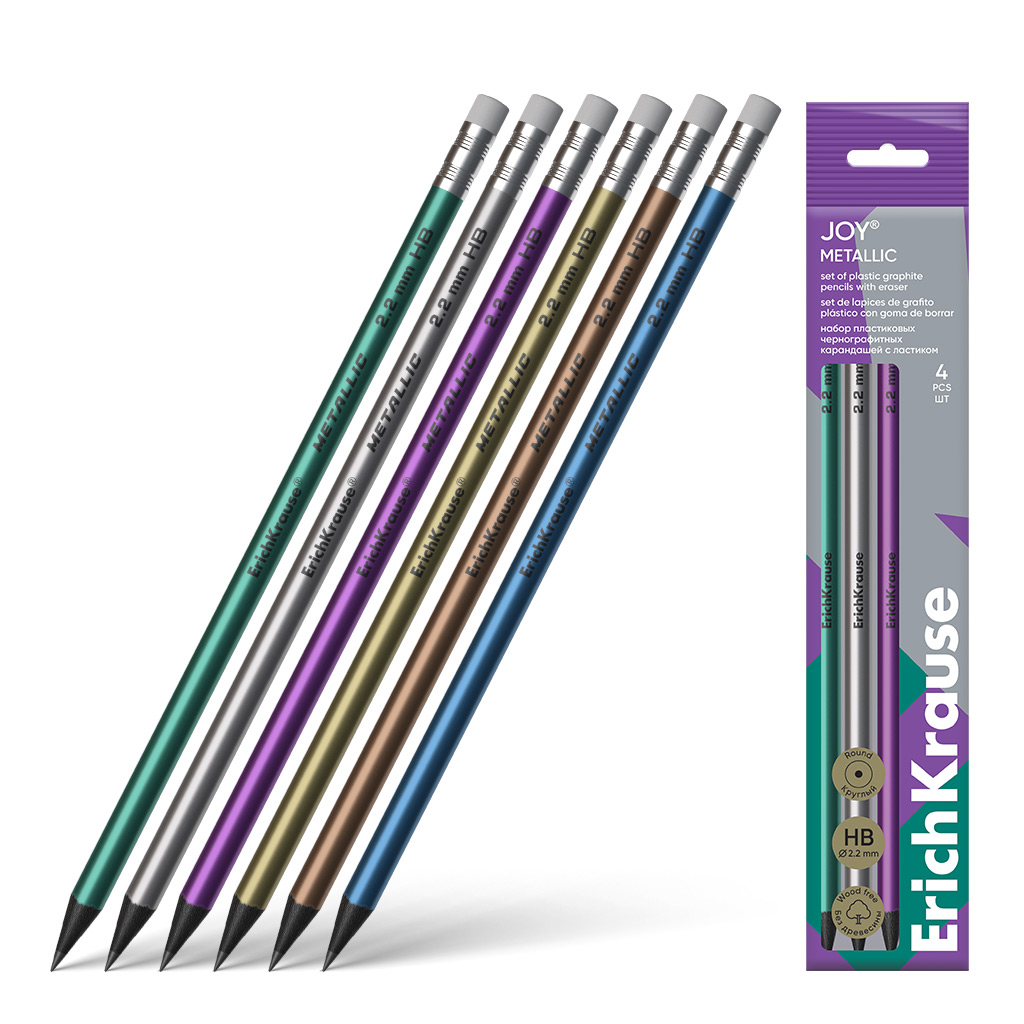 Набор из 4 чернографитных карандашей пластиковых ErichKrause JOY® Metallic, круглых, с ластиком, HB (в пакете)