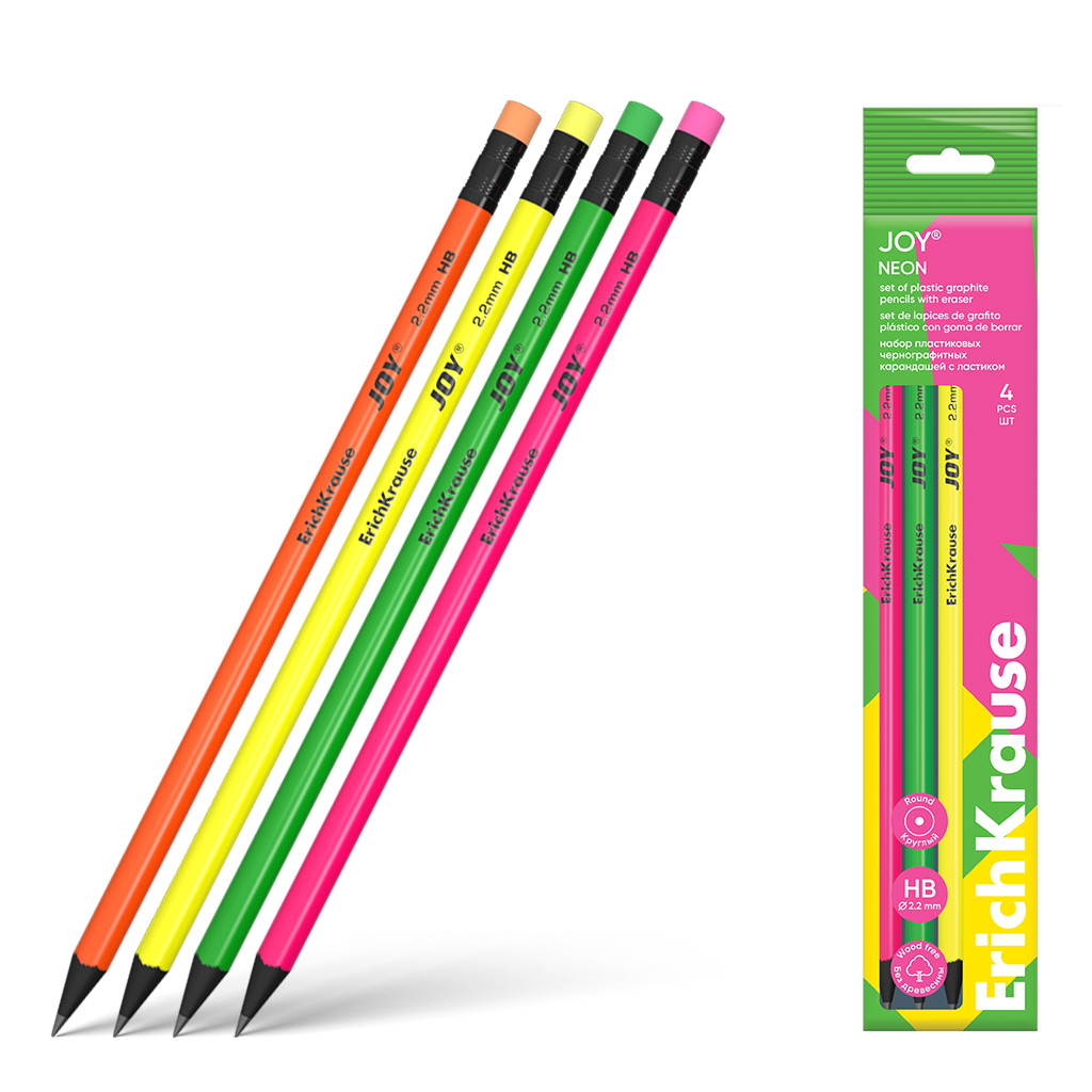 Набор из 4 чернографитных карандашей пластиковых ErichKrause JOY® Neon, круглых, с ластиком, HB (в пакете)