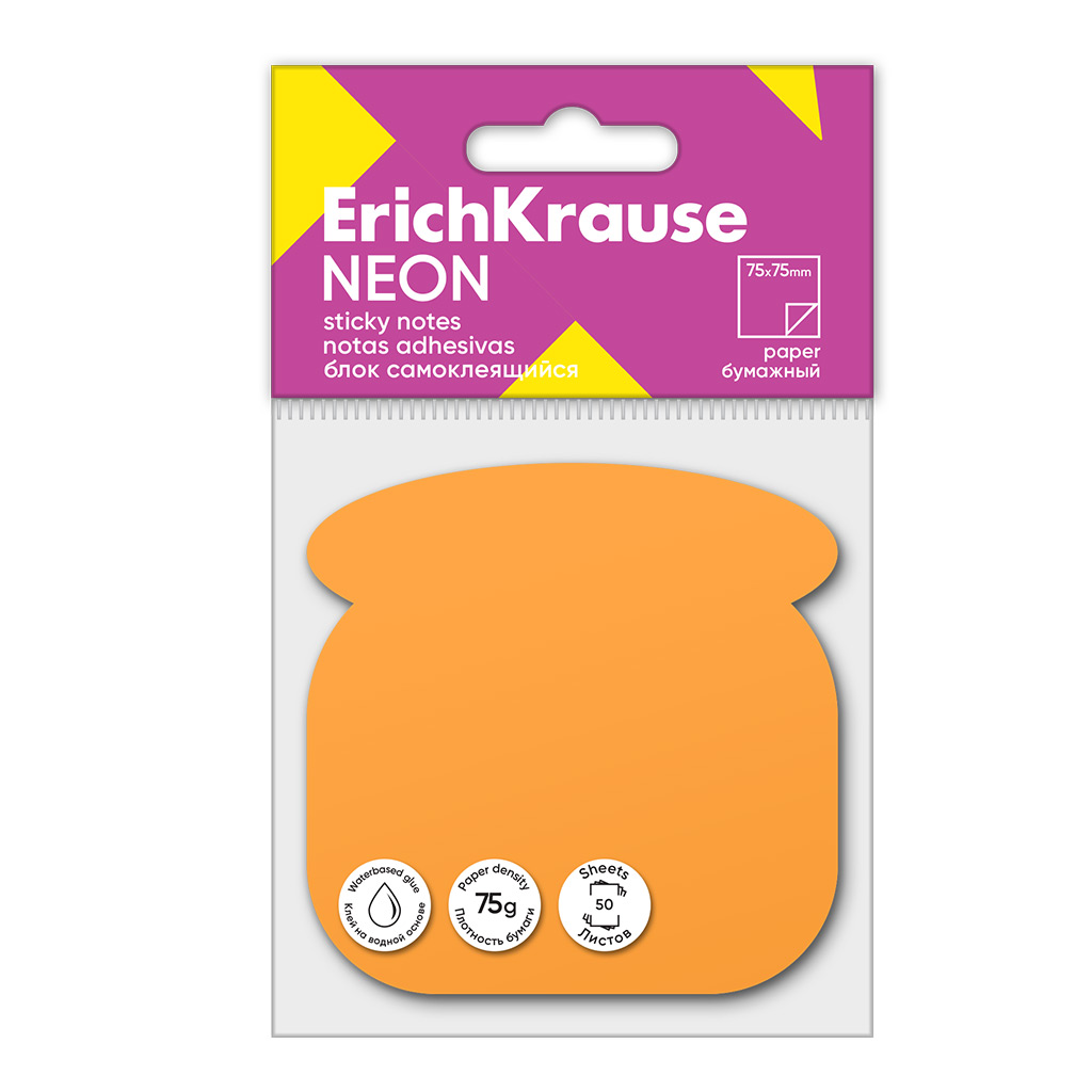 Блок самоклеящийся бумажный ErichKrause Phone Neon, 50 листов, оранжевый